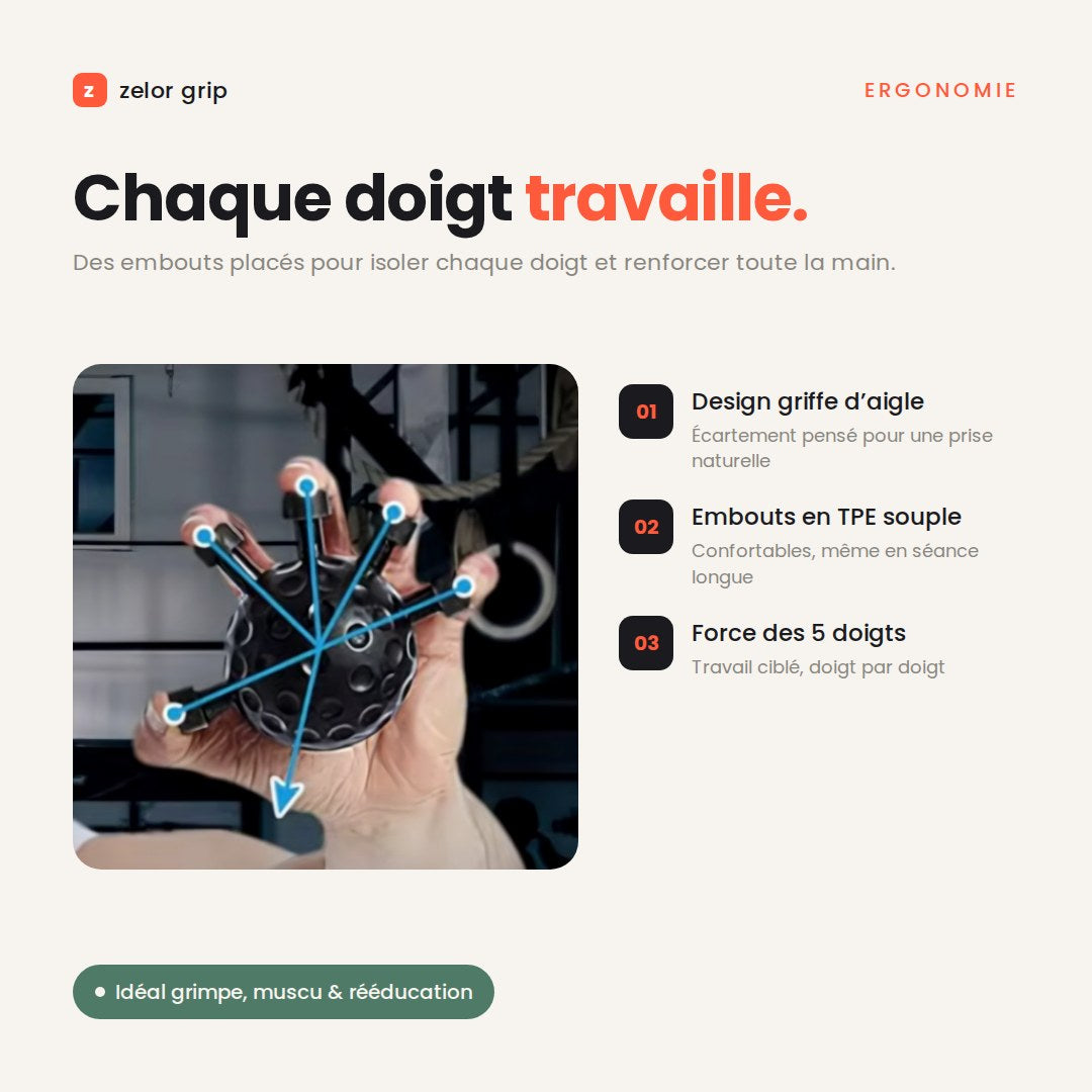 Zelor Grip : chaque doigt travaille, design griffe d'aigle